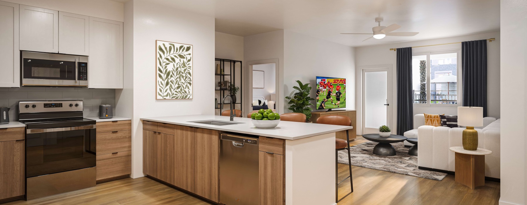 a kitchen with white and wood cabinets